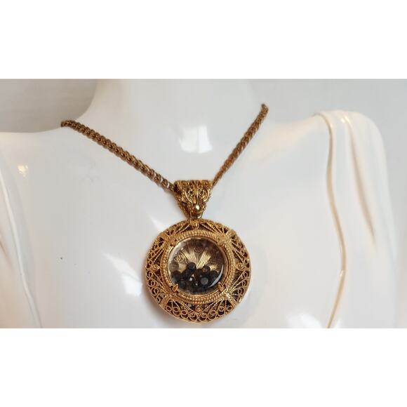 Gold Plated Sterling Black Spinel Shaker Pendant Statement Necklace Filigree